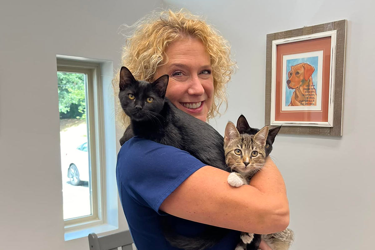veterinarian smiling while holding several kittens